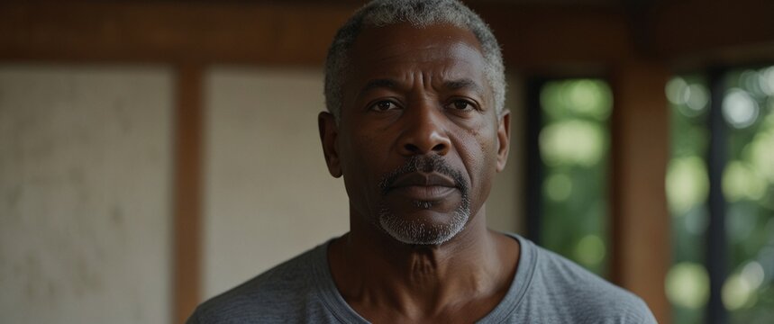 A Black aging man practicing mindful breathing exercises in a calm, meditative environment, improving his mental and physical well-being