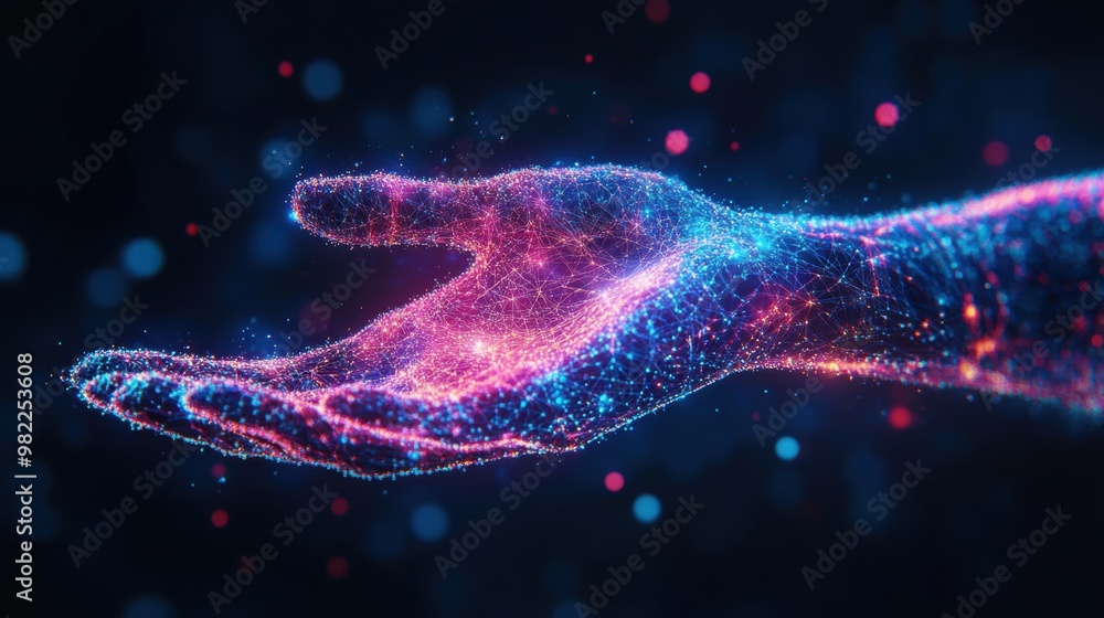 Poster digital background with neon wireframe of a hand reaching out, symbolizing creativity and connection