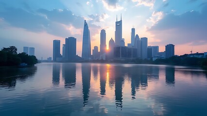 Fototapeta premium A city skyline reflecting on a calm river at dawn offers a serene and picturesque view, showcasing the tranquil beauty of urban life as the day begins.