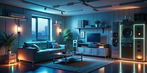 Naklejka premium A dimly lit room with a tranquil ambiance features electronic devices, appliances, and lights all turned off, allowing