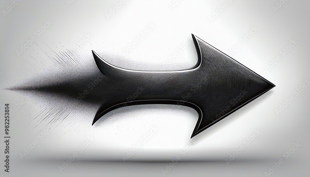 Poster a sleek black arrow dissolving into particles, symbolizing movement and direction against a soft gra