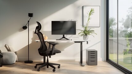 Modern Home Office Setup with Ergonomic Chair, Desk, and Computer in Sunlit Room