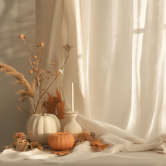 Generative AI illustration. Composition with autumn leaves and pumpkins on table, cozy home