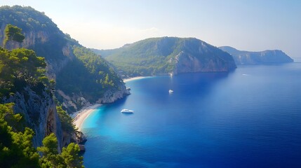 Breathtaking coastal view featuring serene blue waters, lush green hills, and pristine beaches under a clear sky.