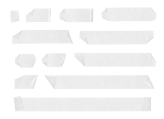 Collection of adhesive tape pieces on transparent background, isolated