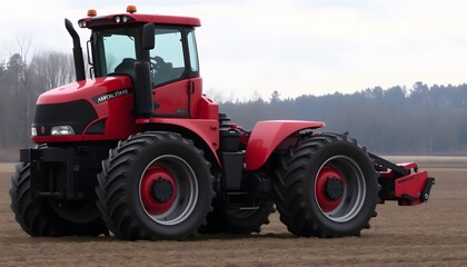 Red Farm Tractor with Large Tires in a Field