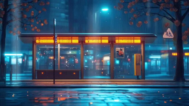 Quiet urban bus stop at night illuminated by street lights and rain reflections. Seamless looping 4k time-lapse video background
