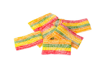 A colorful group of chewy sour candy sticks stacked.