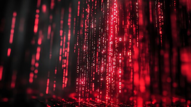 Abstract red binary code raining down on a black background.