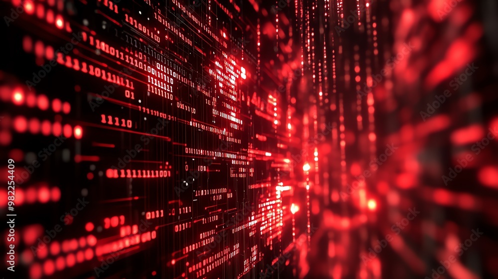 Poster abstract red digital binary code with light streaks and blur.