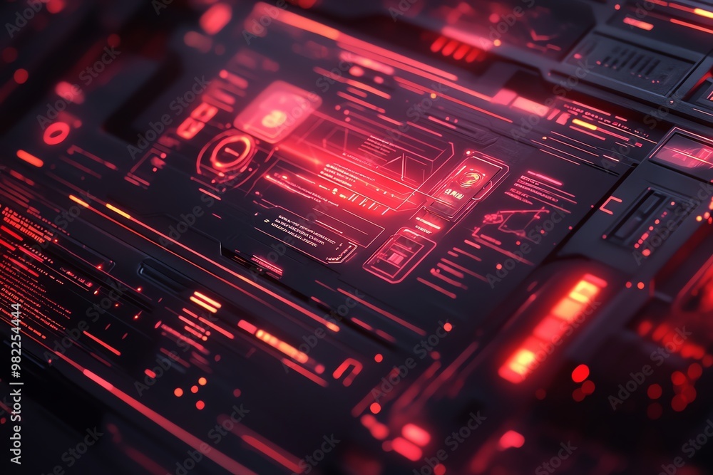 Poster abstract red digital interface background with glowing lines and shapes.