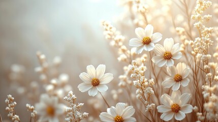 Delicate White Flowers with Golden Centers in a Field of Cream-Colored Blossoms