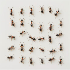multiple ants on white background, top view