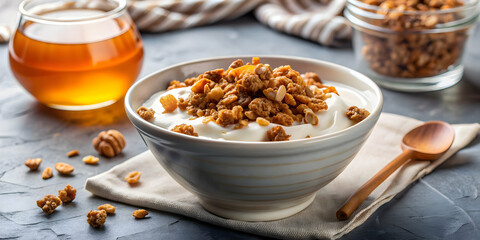 Bowl of creamy Greek yogurt topped with crunchy granola and drizzled with sweet honey, food, breakfast, healthy, snack, dairy