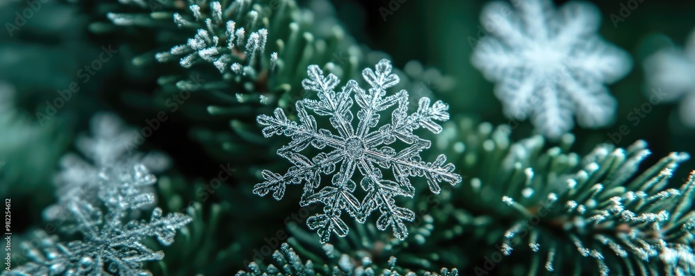 Poster close-up of delicate snowflakes resting on evergreen branches, capturing the essence of winter's bea