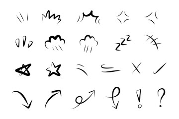 Hand drawn doodle element, Line movement effect element, Cartoon emotion effect decoration vector.