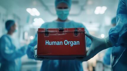 cinematic scene of doctor holding red box with "human organ" text in operating room with blurred medical team in the background, capturing the intensity of life-saving surgery
