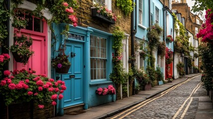 Fototapeta premium Charming cobblestone street with colorful doors and vibrant flower displays, creating a picturesque urban landscape.