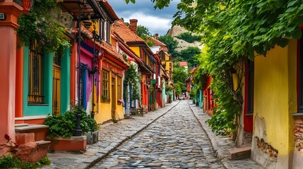 Fototapeta premium Charming cobblestone street lined with colorful houses, creating a picturesque scene filled with vibrant architecture.