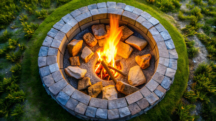 Campfire in circular stone fire pit viewed from above on background , campfire, circular, stone, fire pit, top view,background