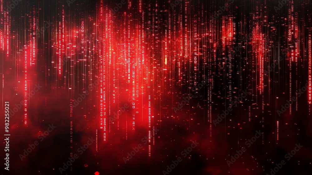 Poster abstract red digital lines and code on a dark background.