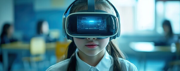 A close-up of a school girl wearing a VR headset, her face illuminated with excitement and curiosity as she explores a virtual world, with the classroom setting softly blurred in the background,