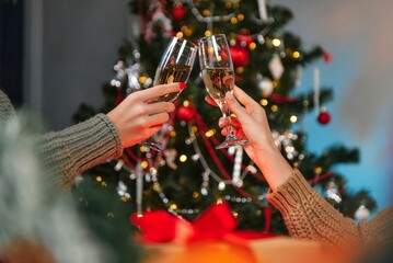 Two women clinking glasses of champagne celebrating Christmas at home. © Ruslan