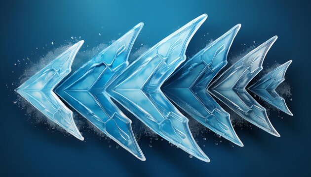 Abstract design of blue arrows shaped like ice, conveying movement and direction against a gradient blue background.