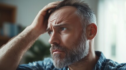 Obraz premium A man with a beard looks worried and contemplative while touching his hair at home in a softly lit room during the morning