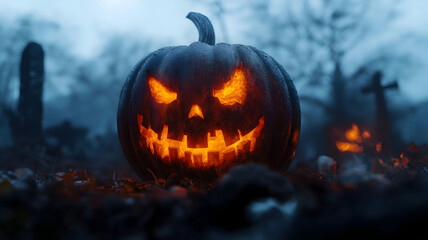 Fototapeta premium Close-up of jack o lantern with ghosty eyes