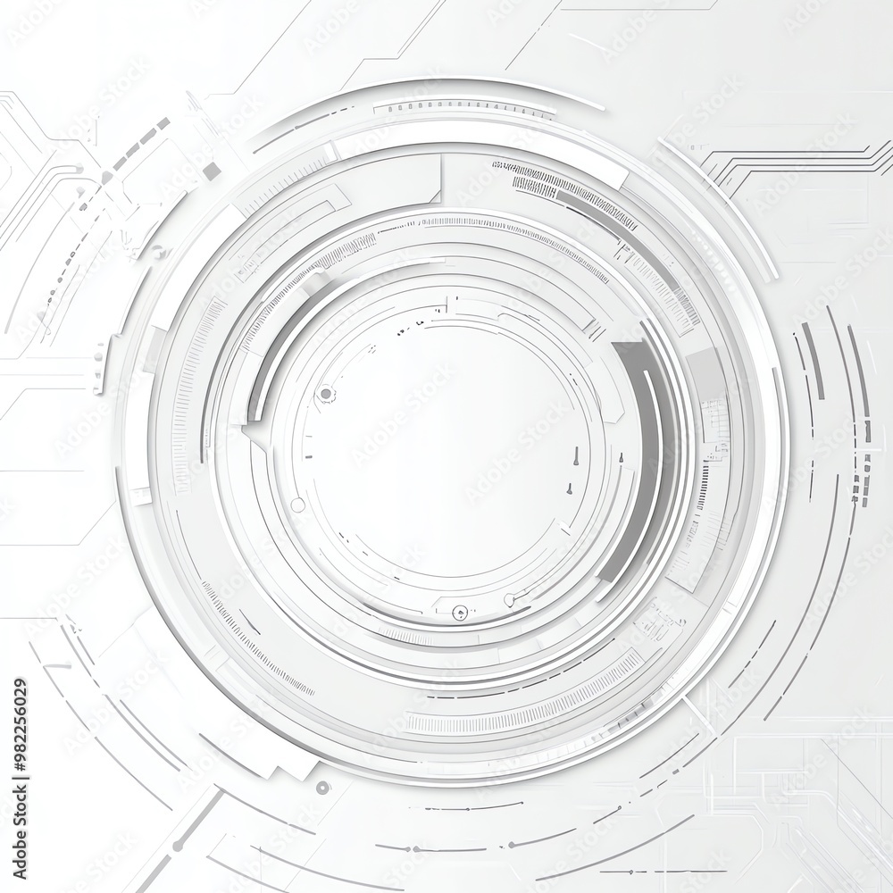 Poster abstract white and gray tech background with concentric circles and lines.