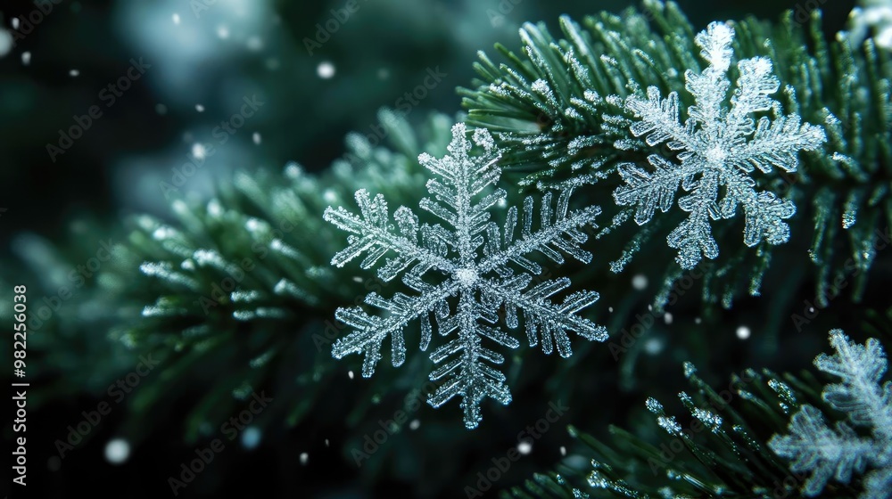 Aufkleber Close-up of delicate snowflakes resting on a green pine branch, creating a serene winter atmosphere with soft snowfall.