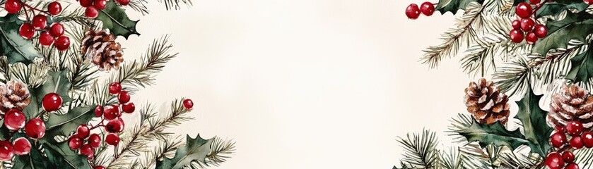 Obraz premium A classic Christmas greeting card frame embellished with holly berries and evergreen branches, accented with soft silver glitter, all against a clean white background that enhances the festive and