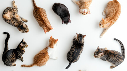 multiple cats on white background, top view