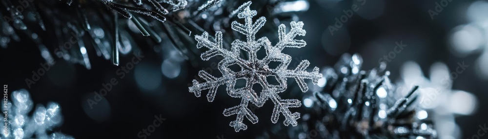 Poster close-up of a crystal-clear snowflake resting on dark foliage, capturing the magic of winter in stun
