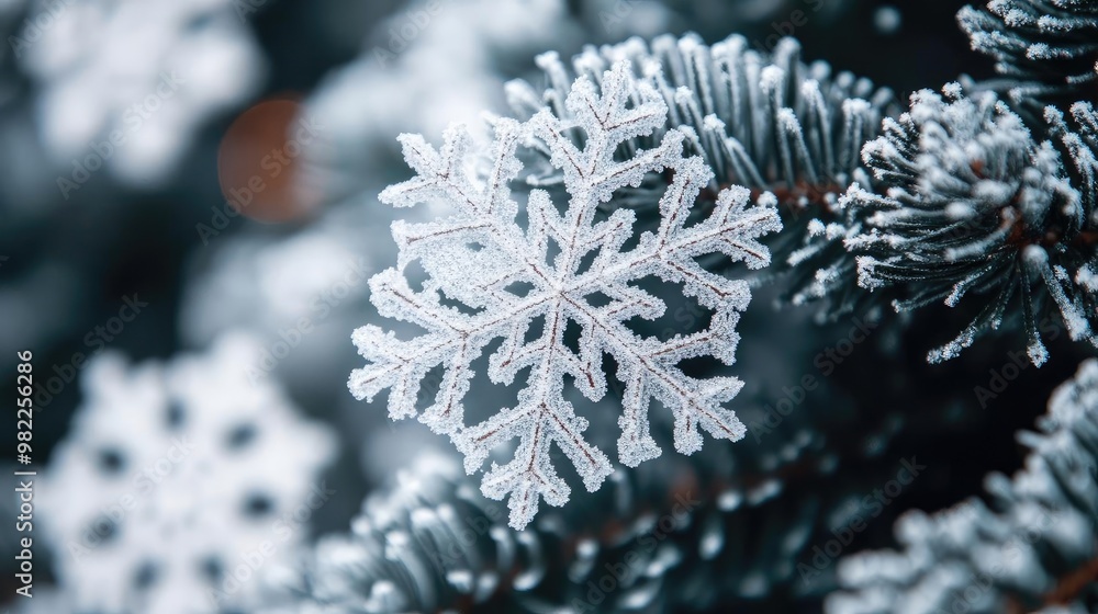 Poster A close-up of a delicate snowflake resting on a pine tree branch, showcasing intricate details and the beauty of winter.
