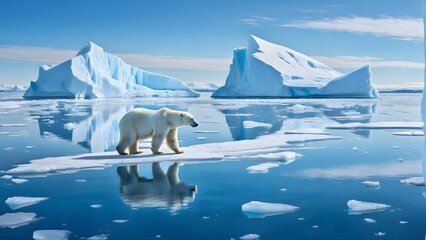 Arctic landscape with a polar bear on an ice floe, its reflection visible in the water, surrounded by icebergs and a clear sky