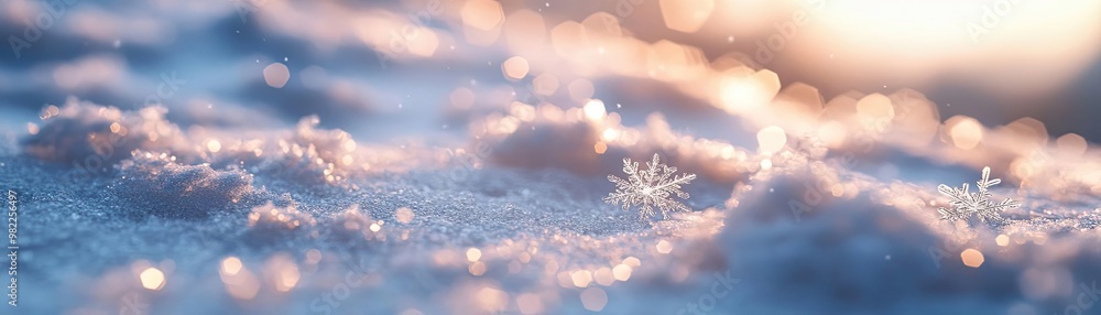 Poster a serene winter landscape showcasing delicate snowflakes resting softly on sparkling snow under a wa