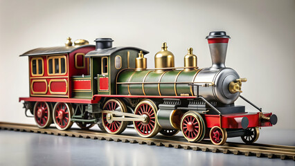 Fototapeta premium Vintage toy steam locomotive with carriages on clean background, vintage, retro, steam locomotive, toy, train