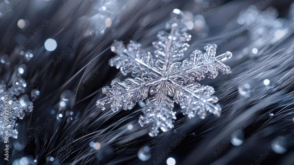 Poster Close-up of a delicate snowflake resting on dark fur. The intricate detail of the snow crystal creates a captivating winter scene.