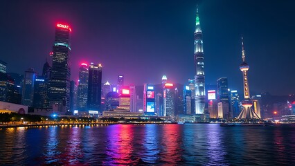 Obraz premium A night city skyline illuminated by colorful lights creates a dazzling display, with reflections shimmering in the water, showcasing the vibrancy of urban nightlife.