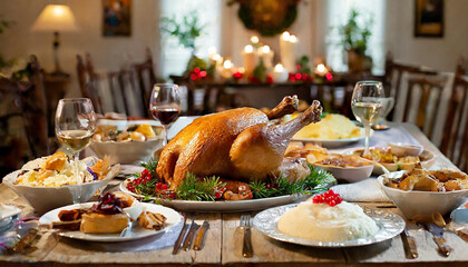 Table setting for a traditional thanksgiving feast with a large turkey in the middle against a candle background and a classic interior