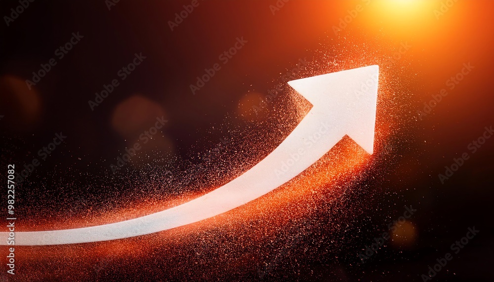 Poster a dynamic upward arrow shimmering with particles, symbolizing growth, progress, and success against 