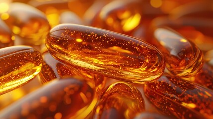 A closeup view of fish oil capsules, each with a shiny, translucent surface reflecting light in rich, golden tones, displayed against a clean, neutral background that highlights their high quality.