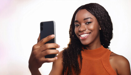 Close-Up Depiction of an African Woman Taking a Selfie, Featuring Modern Smartphone and Selfie Pose