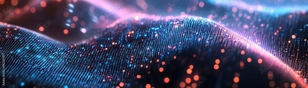 Poster vibrant abstract waves created from glowing particles and light, perfect for backgrounds, tech desig