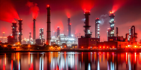 Reddish lights illuminate the industrial cityscape at night, cityscape, night, lights, industrial, urban