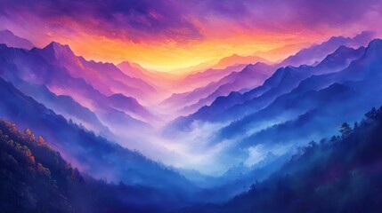 Obraz premium Misty Mountain Range at Sunset with Purple and Blue Hues