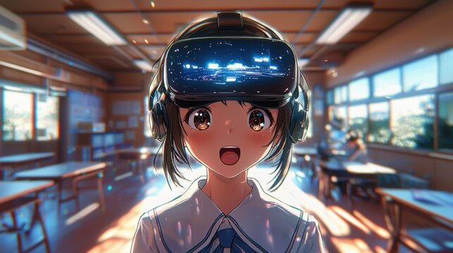 An engaging view of a school girl with a VR headset, her expression a mix of curiosity and awe, interacting with a virtual environment, set against the backdrop of a traditional classroom that