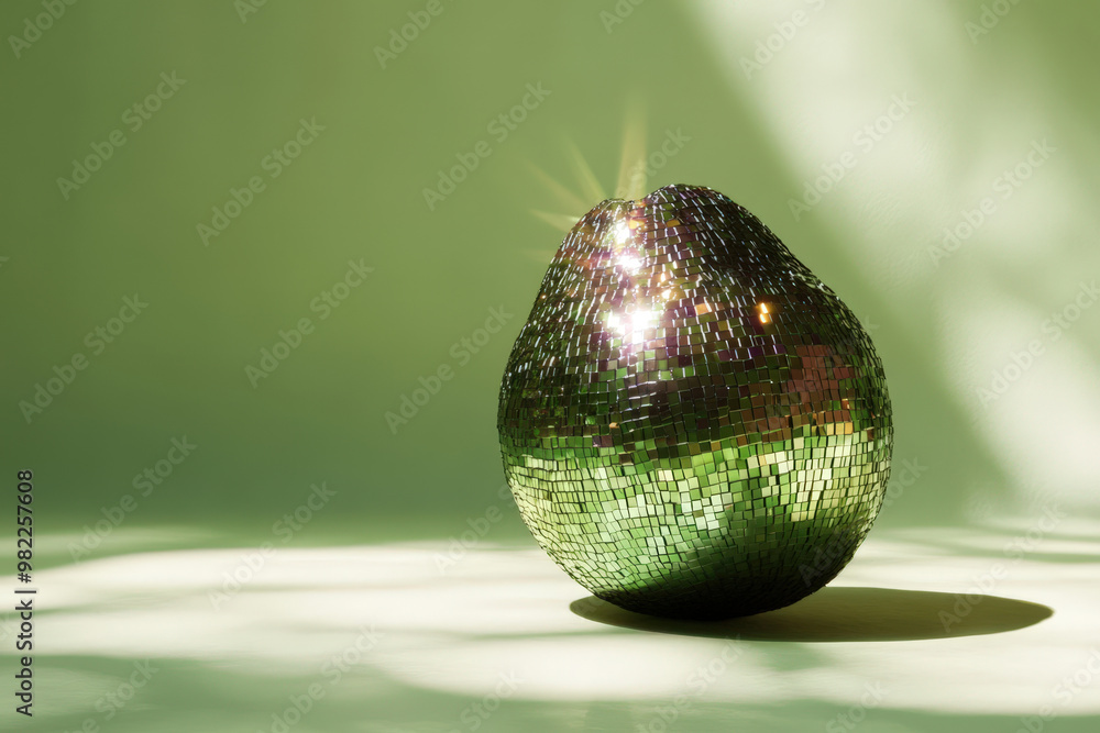 Poster green avocado covered with tiny square mirror tiles sparkling under spotlights on a green background
